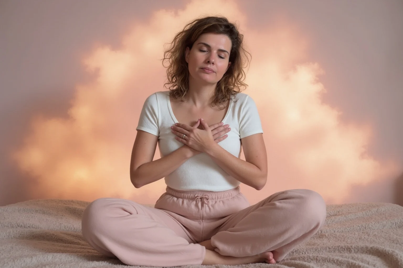 Femme assise, les mains posées sur la poitrine
