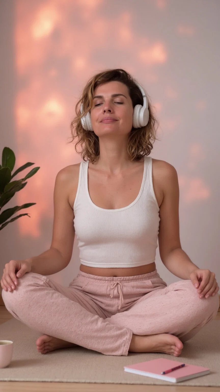 Julie prend un moment pour respirer, un casque sur les oreilles