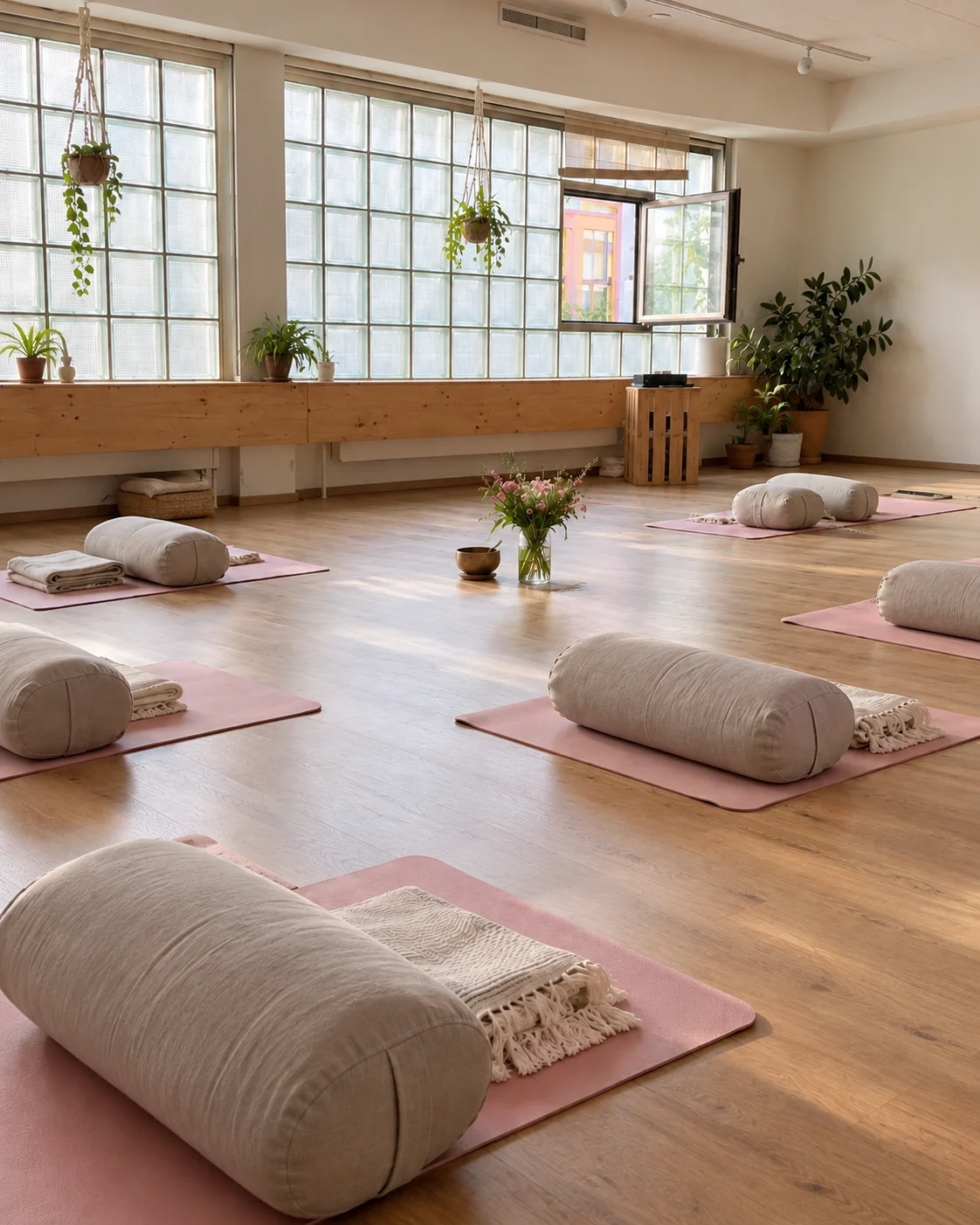 Studio lumineux avec tapis roses, coussins et plantes, préparé pour une séance de Breathwork