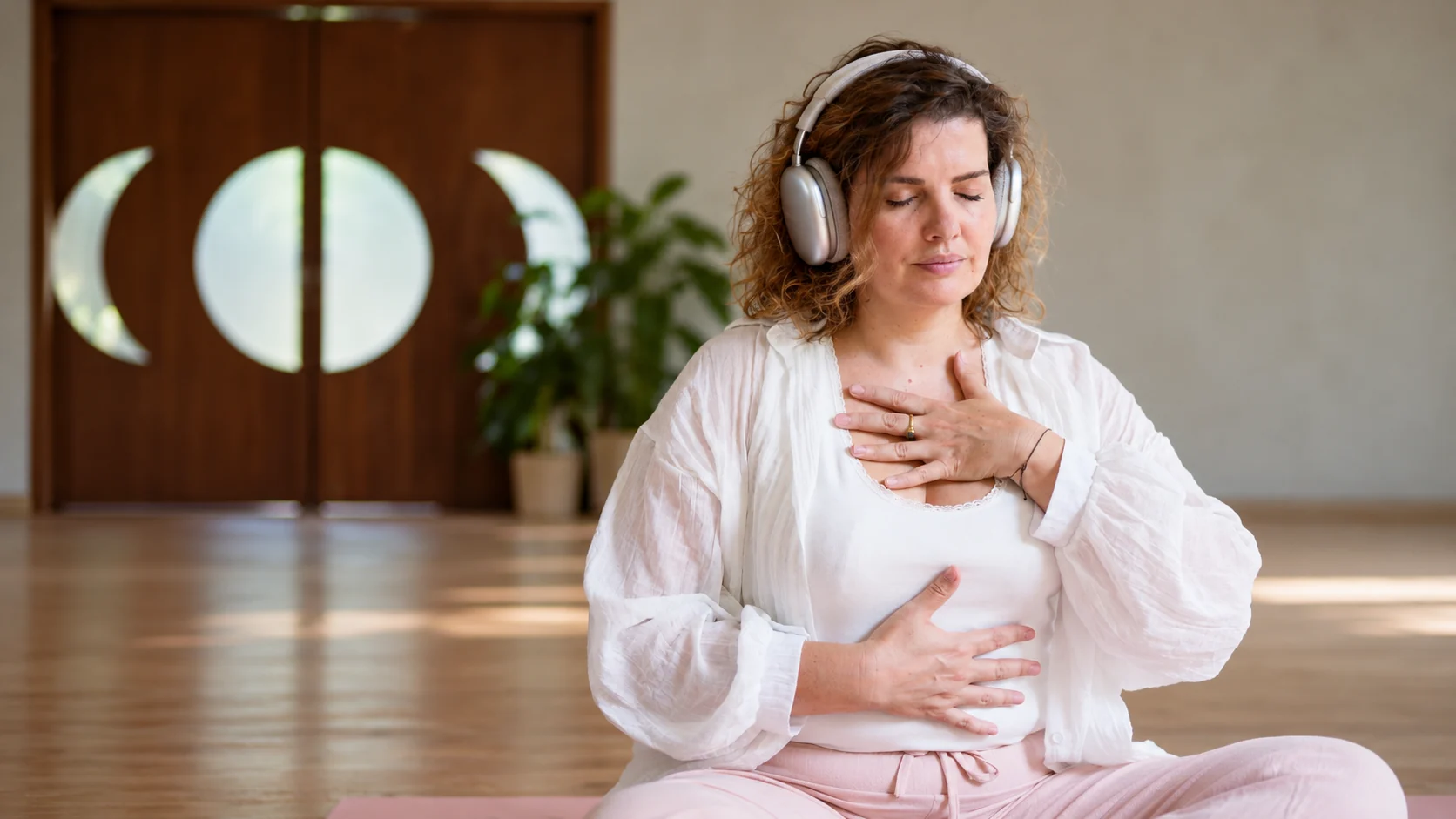 Julie pratique la respiration avec un casque devant la porte lunaire